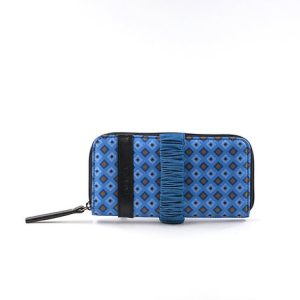 blue black silk and leather clutch wallet