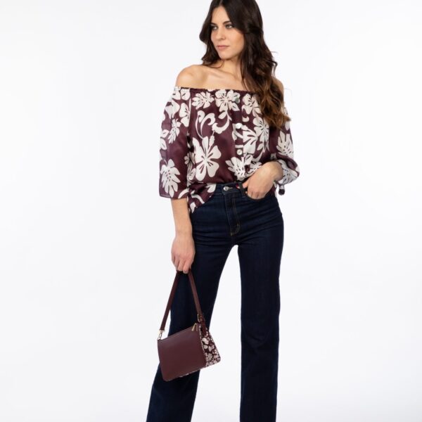 Bordeaux white printed silk blouse Silky BELLE with stretch neckline - NINFEA Collection