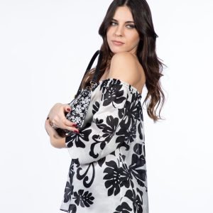 Black and white printed silk blouse with stretch neckline - Silky Belle Ninfea