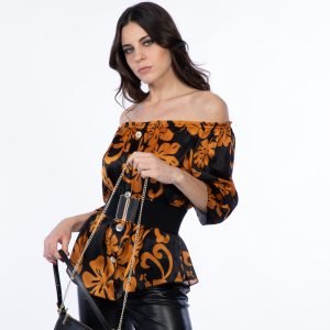 White ochre printed silk blouse with stretch neckline - Silky Belle Ninfea