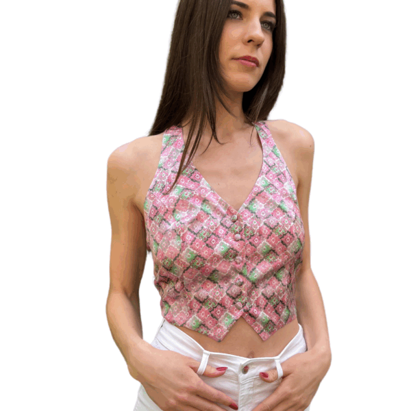 Pink patterned printed stretch silk gilet - Silky Vest Ninfea